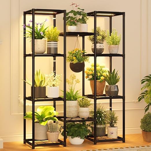 Photo 1 of Plant Stand With Grow Lights Plant Stand Indoor Plant Shelf Metal Plant Rack Plant Holder Flower Pot Stand for Multiple Plants for Living Room Patio Balcony Garden Porch Black
