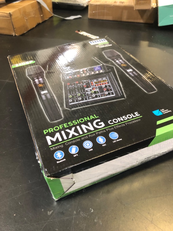 Photo 1 of BOMGE 04E karaoke Audio mixer,4 Channel Mixer With Dual UHF Wireless Mic, Sound Board Console MP3 Bluetooth 48V Phantom Power USB Audio Interface DJ Mixing for Party Computer Studio Recording (04E)