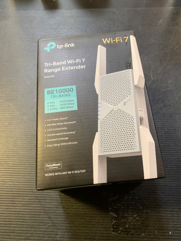 Photo 1 of TP-Link BE10000 Wi-Fi 7 Range Extender RE653BE | 10 Gbps Tri-Band Wireless Repeater | 2.5 Gbps Ethernet Port | Internet Signal Booster for Home | Up to 2800 sq.ft, 128 Devices | 6 GHz, MLO, EasyMesh