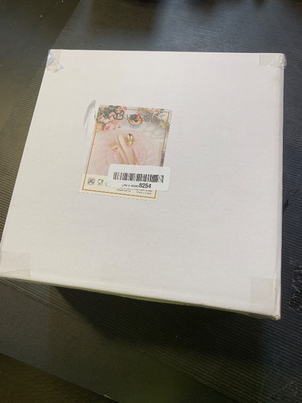 Photo 1 of YOUBET 125Pieces Clear Pink Plastic Plates with Gold Rim - Gold Plastic Silverware Include 25 Dinner Plates 25 Dessert Plates 75 Golden Silverwares for Wedding Birthday & Parties