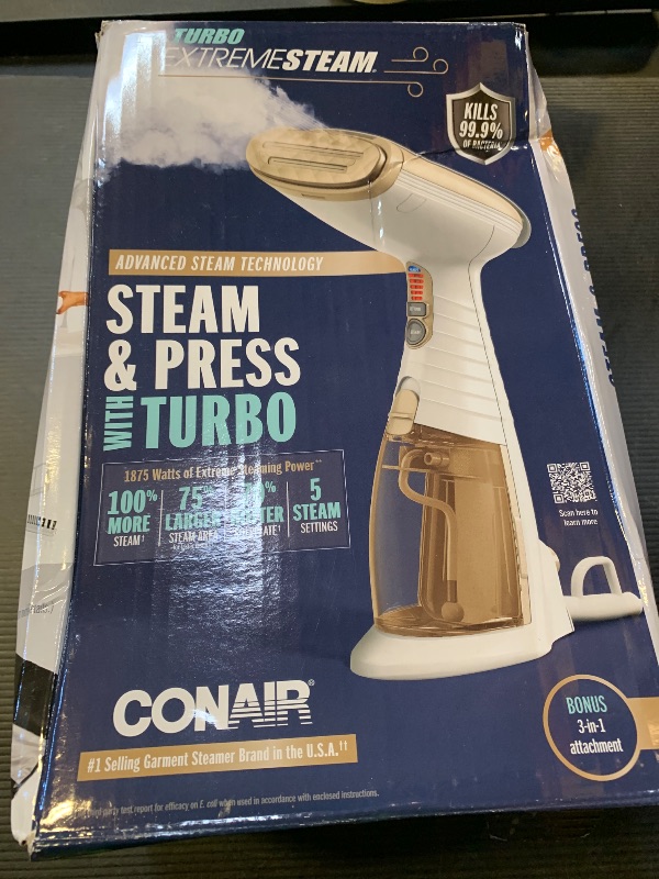 Photo 1 of Conair Handheld Garment Steamer for Clothes, Turbo ExtremeSteam 1875W Fabric Steamer, Portable Handheld Design, Strong Penetrating Steam, White/Champagne