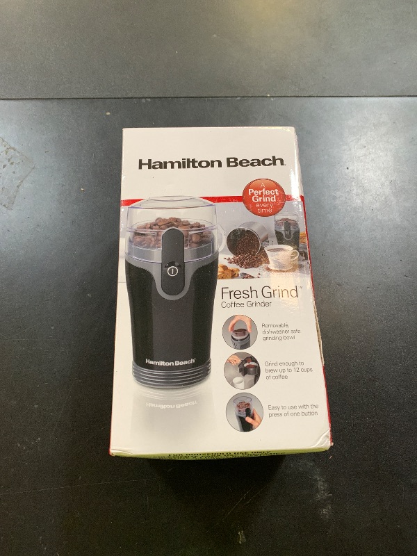 Photo 1 of Hamilton Beach Fresh Grind Electric Coffee Grinder for Beans, Spices and More, Stainless Steel Blades, Removable Chamber, Makes up to 12 Cups, Black