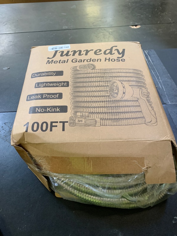 Photo 1 of Junredy 100FT Stainless Steel Garden Hose, Heavy Duty Flexible Metal Water Hose with 10-Function Nozzle, Lightweight & No-Kink Garden Hose, Durable Solid Fittings for Lawn, Car, RV, Outdoor Watering
