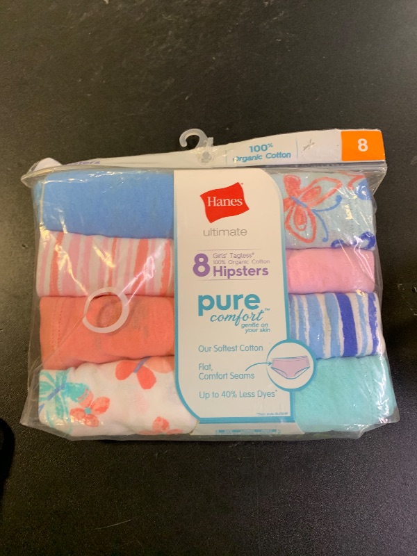 Photo 1 of Hanes Little Ultimate Girls' Underwear, Pure Comfort Organic 100% Cotton Panties, Briefs, 8-Pack, Hipster-Pink Blue Solids & Patterns, 8