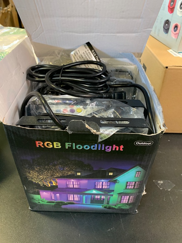 Photo 1 of MEIKEE 60W 6000LM RGBW Flood Lights, 600W Equivalent RGB Color Changing LED Floodlights, 6500K White Light Outdoor Lighting with Timing Memory for Christmas Decoration 4 Packs