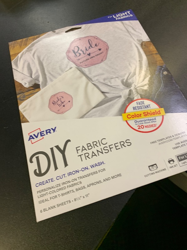 Photo 1 of Avery Printable Heat Transfer Paper for Light Fabrics, 8.5" x 11", Inkjet Printer Compatible, 6 Sheets of Iron On Transfer Paper, Great for Custom Shirts, Uniforms, Gifts, and More (3271)