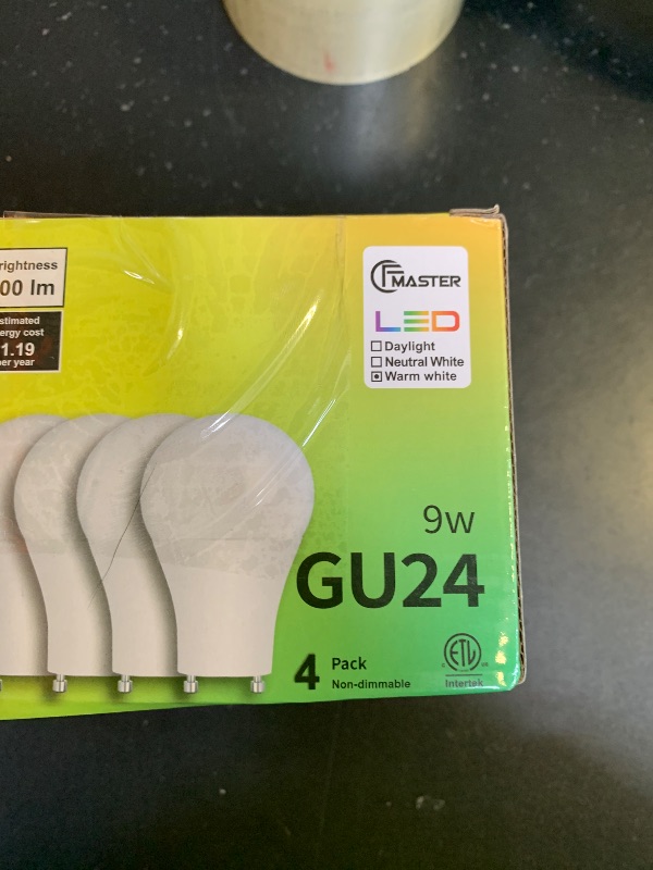 Photo 1 of CFMASTER GU24 LED Light Bulb, 3000K Warm White, 9W(100W Equivalent), 800 Lumens, A19 Shape GU24 LED Bulbs, Twist and Lock GU24 Pin Base with Two Prongs, Non-Dimmable, UL ETL Certificated(4-Pack)