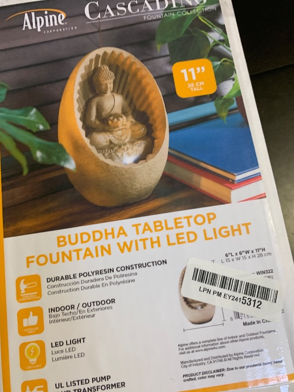 Photo 1 of Alpine Corporation WIN322 Indoor/Outdoor Tabletop Buddha Fountain with LED Lights, Soothing Buddha Garden Fountain 11", Beige