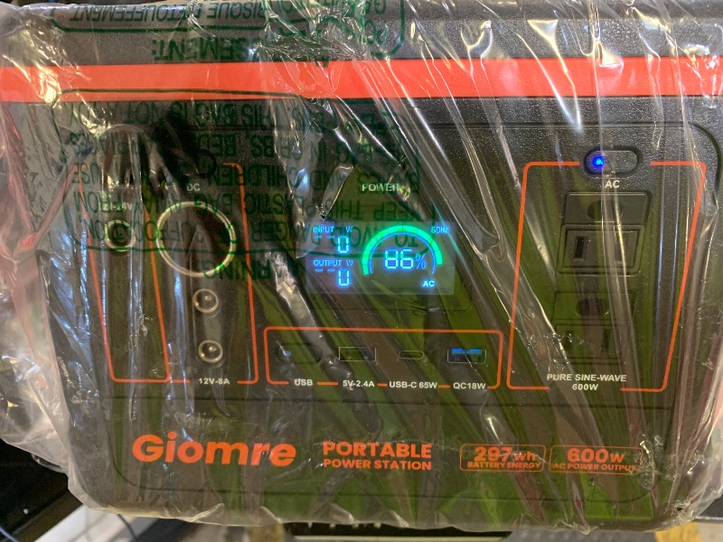 Photo 1 of Giomre Portable Power Station, 297Wh Backup Lithium Battery Generator with 600W AC Output and 120W Fast Charging, Solar Generator for Outdoors Camping, Travel Emergency, Home Blackout