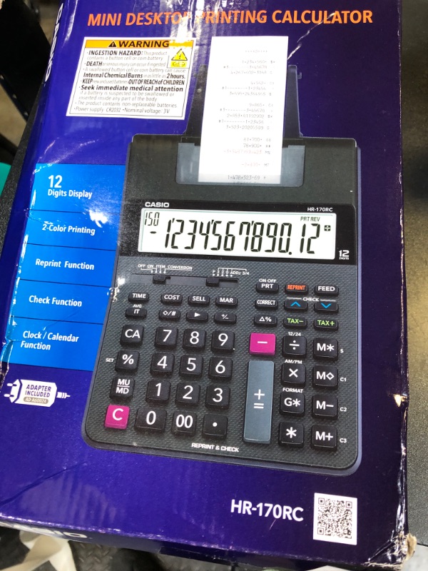 Photo 1 of Casio HR-170RC Printing Calculator – 12-Digit Display | 2-Color Print, Reprint & Correction | Ideal for Bookkeeping, Accounting & Tax Work