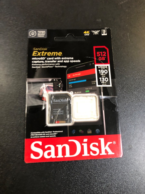 Photo 1 of SanDisk 512GB Extreme microSDXC UHS-I Memory Card with Adapter - Up to 190MB/s, C10, U3, V30, 4K, 5K, A2, Micro SD Card - SDSQXAV-512G-GN6MA