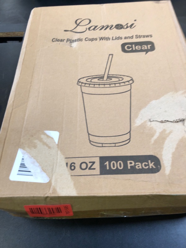 Photo 1 of Lamosi 100 Pack 16 oz Clear Plastic Cups with Lids and Straws, Disposable Plastic Coffee Cups with Lids for Iced Coffee, Cold Beverages, Smoothies and To-Go Drinks