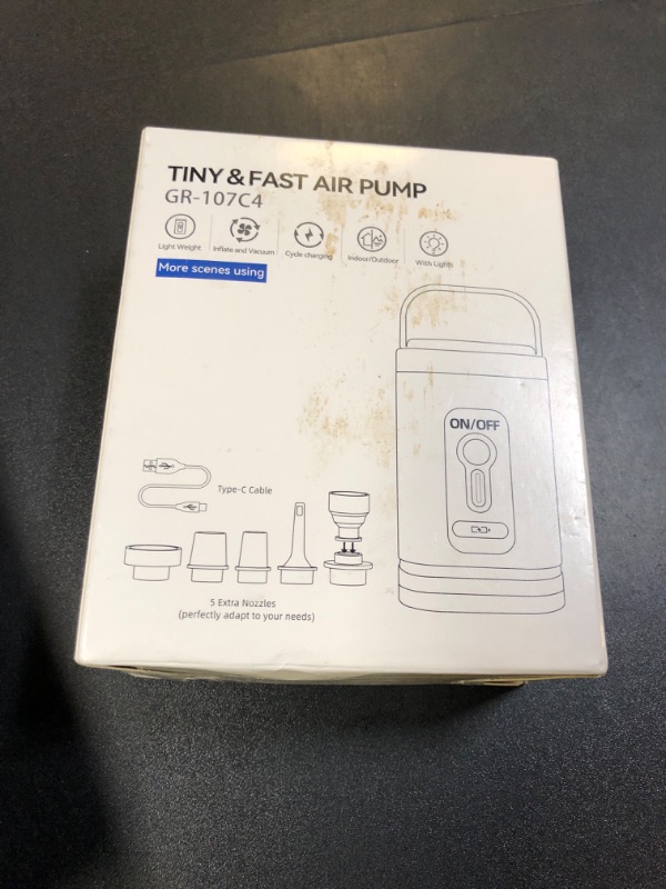 Photo 1 of Air Pump for Inflatables Portable Air Pump with LED Light 3 Modes, Electric Mini Tiny Type C Rechargeable, Quickly Inflate & Deflate for Swimming Ring, Toys, Pool Float, Deflate Storage Bag – White