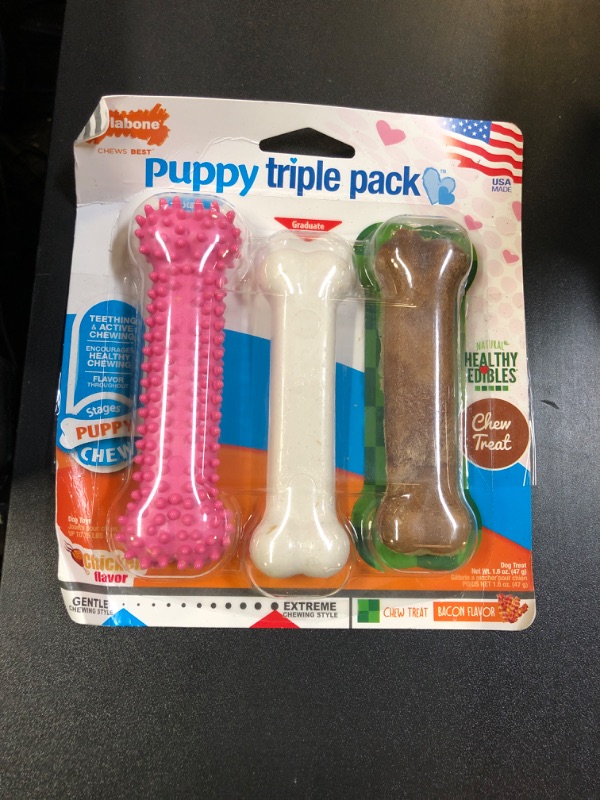 Photo 1 of Nylabone Puppy Chew Toys & Natural Treat Triple Pack, Teething Enrichment Toys, Chicken & Bacon Flavor, Small Dogs - Up to 25 lbs (3 Pack)