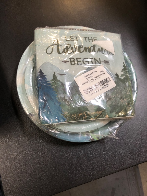 Photo 1 of Adventure Awaits Baby Shower Tableware Let The Adventure Begin Plates Pine Tree Mountain Wilderness Dinnerware Disposable Paper Dinnerware For Baby Shower Birthday Party Decor Supplies 24 Guests
