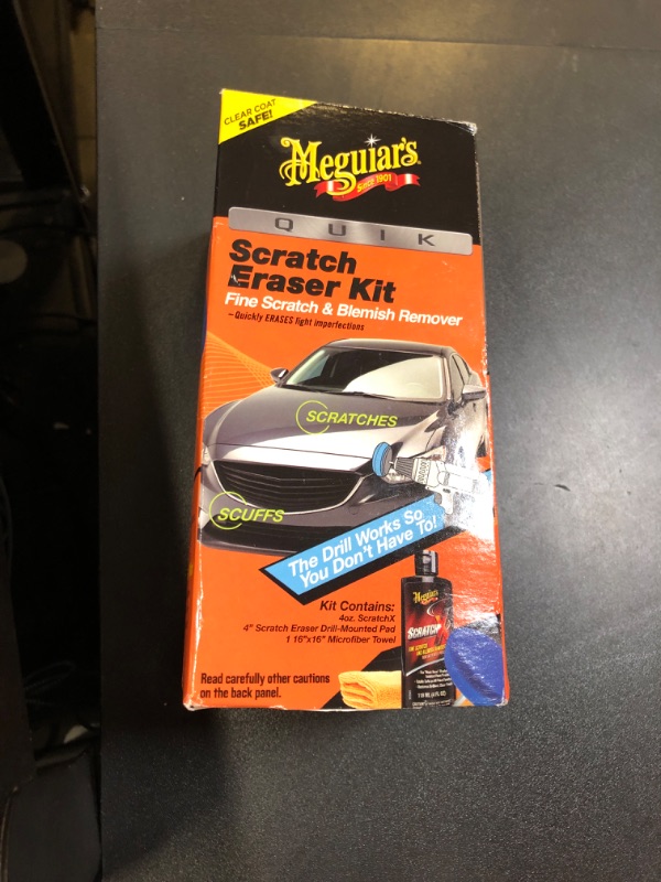 Photo 1 of Meguiar's Quik Scratch Eraser Kit, Car Scratch Remover for Repairing Surface Blemishes, Car Care Kit with ScratchX, Drill-Mounted Pad, and Microfiber Towel, 4 Count