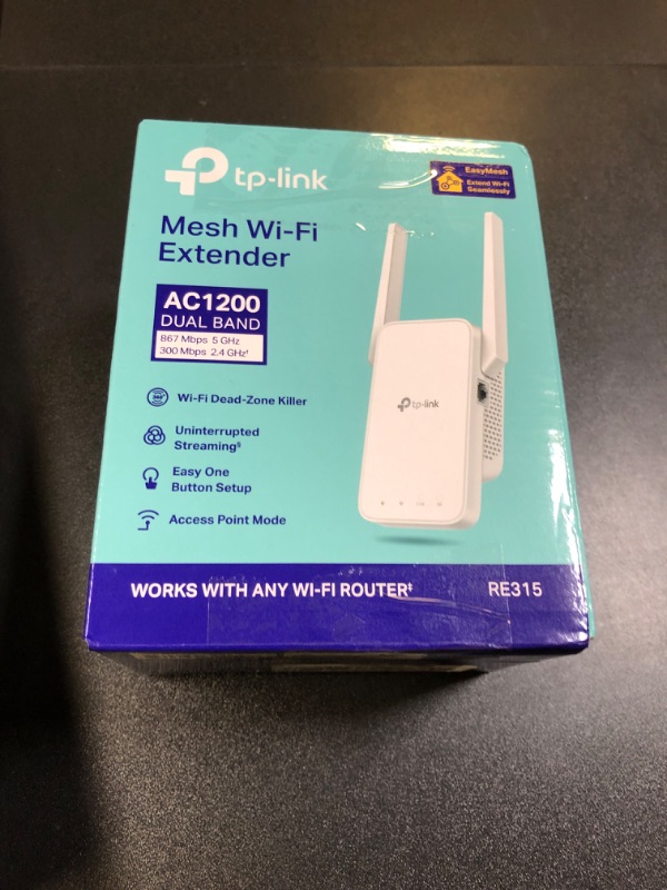 Photo 1 of TP-Link AC1200 WiFi Extender, 2025 Wirecutter Best WiFi Extender, 1.2Gbps Home Signal Booster, Dual Band 5GHz/2.4GHz, Up to 1600 Sq.ft and 32 Devices, EasyMesh Compatible, One Ethernet Port (RE315)