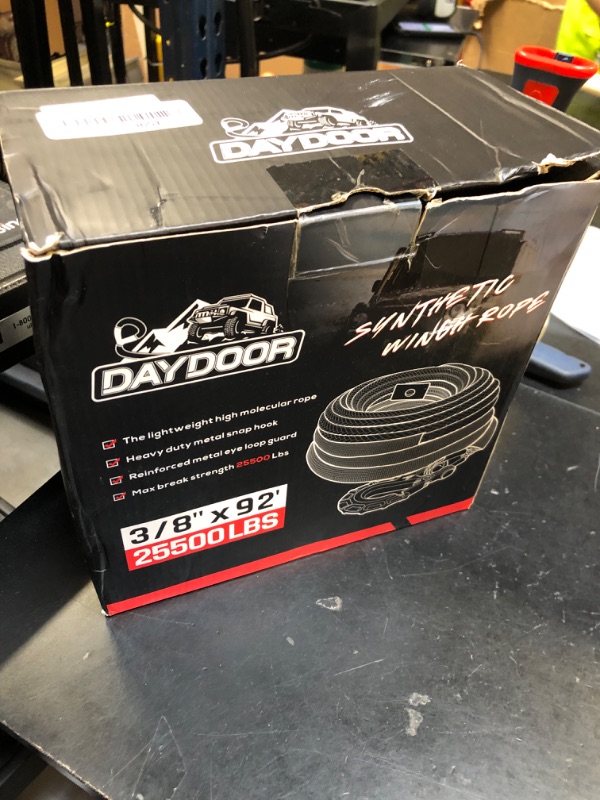 Photo 1 of DAYDOOR Synthetic Winch Rope, 3/8 Inch x 92ft 25,500 LBS Synthetic Winch Line, Synthetic Winch Cable for Offroad Vehicle 4WD SUV Jeep, Synthetic Rope with Forged Winch Hook(Gray)