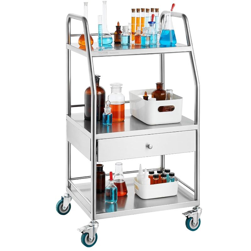 Photo 1 of VEVOR Stainless Steel Utility Cart with 3 Shelves & 1 Drawer, 360 Swivel Casters, 220lbs Capacity