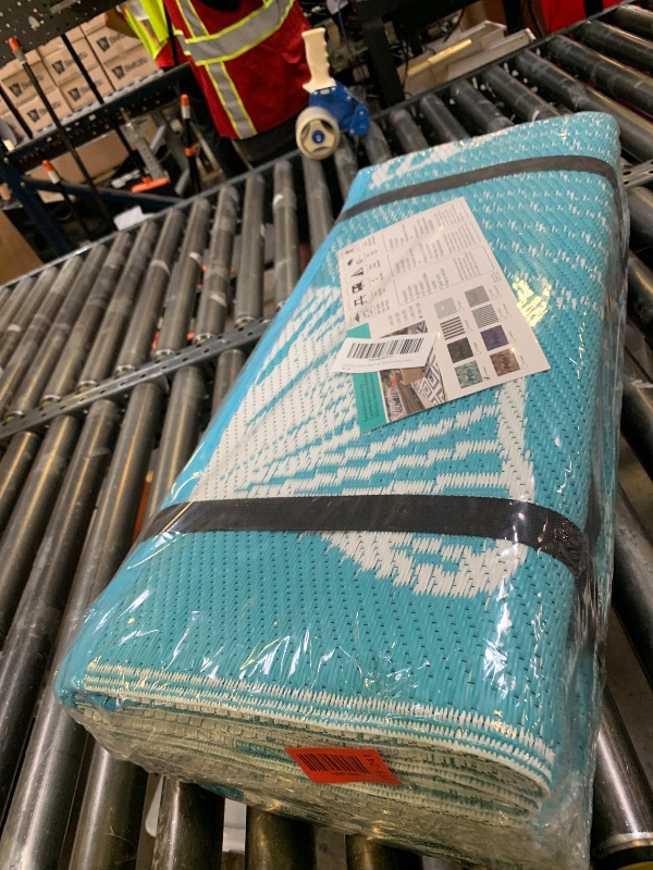 Photo 1 of Pcinfuns Outdoor Patio Rugs 9'x12' Waterproof, Reversible Plastic Straw Camping Rug Carpet, Large Area Rugs Mats for Rv, Deck, Porch, Picnic, Beach, Balcony, Aqua Blue & White