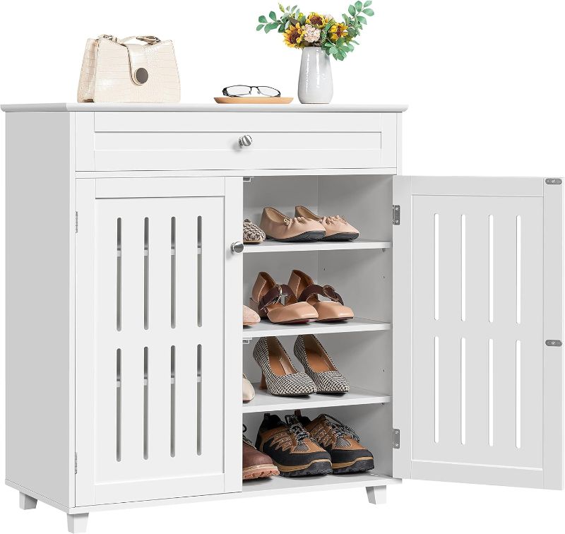 Photo 1 of Yaheetech Shoe Cabinet, 4-Tier Shoe Storage Cabinet with Drawer & Adjustable Shelves, Wooden Shoe Rack Organizer with Louvered Doors for Entryway, Hallway, Bedroom, Closet, Living Room, White
