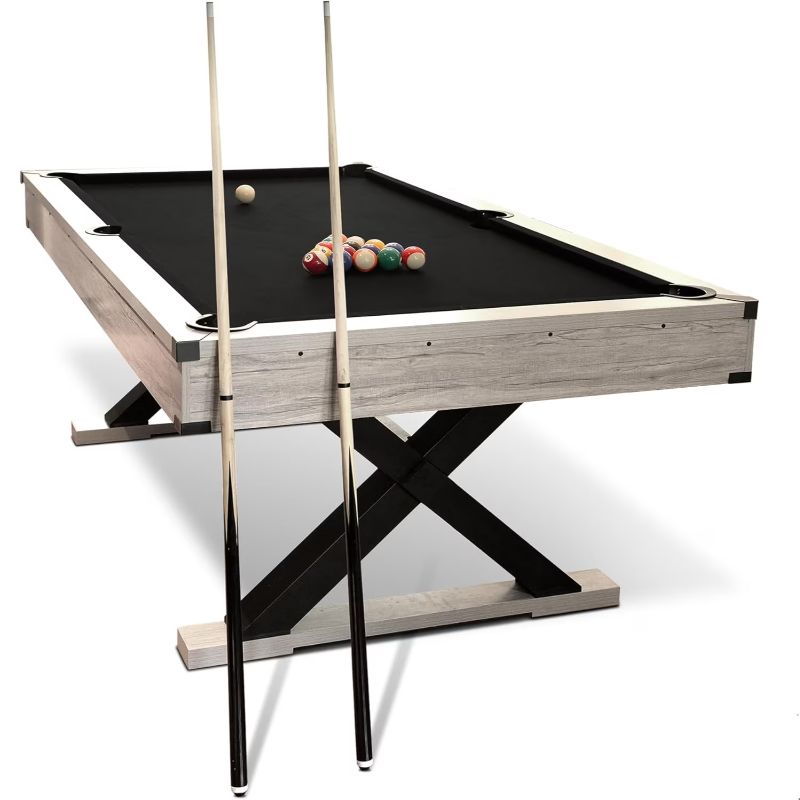 Photo 1 of 7 FT Pool Table, Billiard Table with 2 Cue Sticks, Billiard Balls, Cue Chalk, Triangle Rack, Black Cloth, Brush Only, 84" L x 44" W x 32" H". 