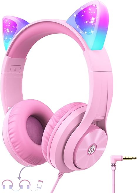 Photo 1 of  Kids Headphones with Cat Ear Led Light Up, Safe Volume Limite, FunShare, Foldable, Over-Ear Headphones for Kids for School/iPad/Tablet/Travel, Meow Donut-Pink
