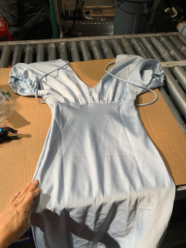 Photo 1 of ****phot stock for reference *****Linsery Women's Puff Sleeve Floral Maxi Dress Elegant Square Neck Cottagecore Boho Split Long Dresses Solid Blue Small