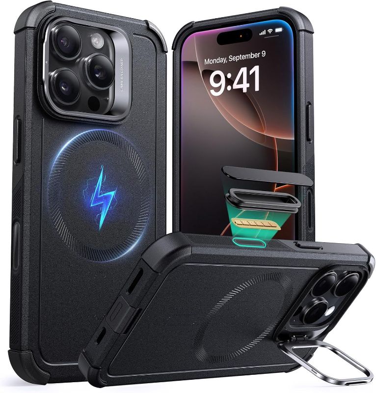 Photo 1 of  iPhone 16 Pro Case with Stash Stand, Camera Control, 23FT Military-Grade Shock-Absorbing Drop Protection, Compatible with MagSafe Accessories, Magnetic Cyber Series, Black