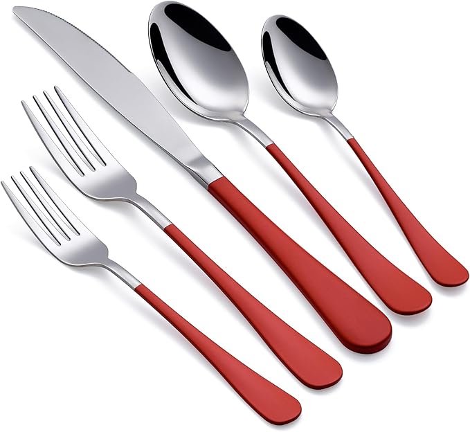 Photo 1 of ***PHOTO FOR REFERENCE*** Red Silverware Set 20 Piece 18/0 Stainless Steel Flatware Red Handle Cutlery Set Service for 4 Fork Knife Spoon Set Mirror Finish Dishwasher Safe