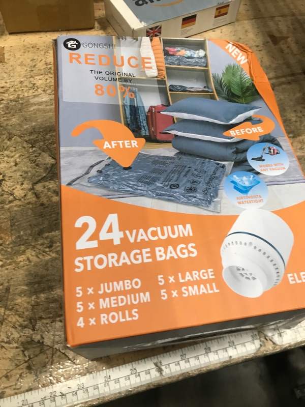 Photo 1 of (missing pump) 24 Pack Vacuum Storage Bags with Electric Pump, (5 Jumbo, 5 Large, 5 Medium, 5 Small, 4 Roll Up Bags) Space Saver Bag for Clothes
