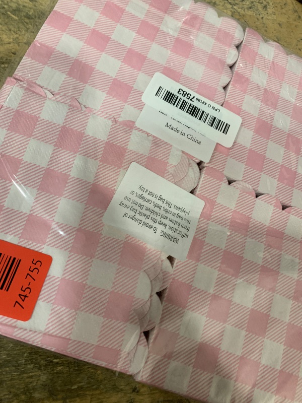 Photo 1 of 100 Pcs Pink Gingham Napkins, 5 x 5 Inches Scalloped Napkins, Disposable Cocktail Napkins For Wedding Birthday Party Baby Shower Picnic