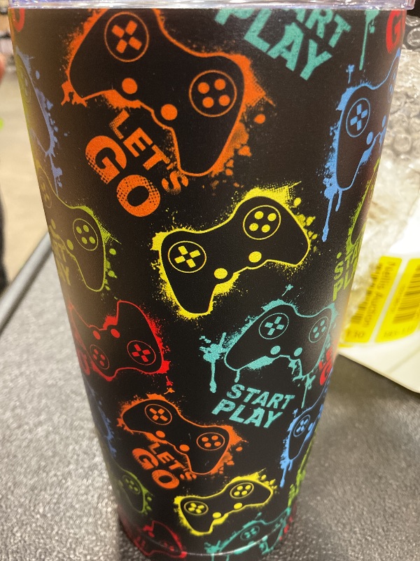 Photo 1 of ***UNKNOWN MISSING ACCESSORY PIECES*** NEON Gaming Print Tumbler Cup with Lid and Straw, 20 Oz Stainless Steel Insulated Mug, NEON Gaming Print Gifts for Men, Women, kids