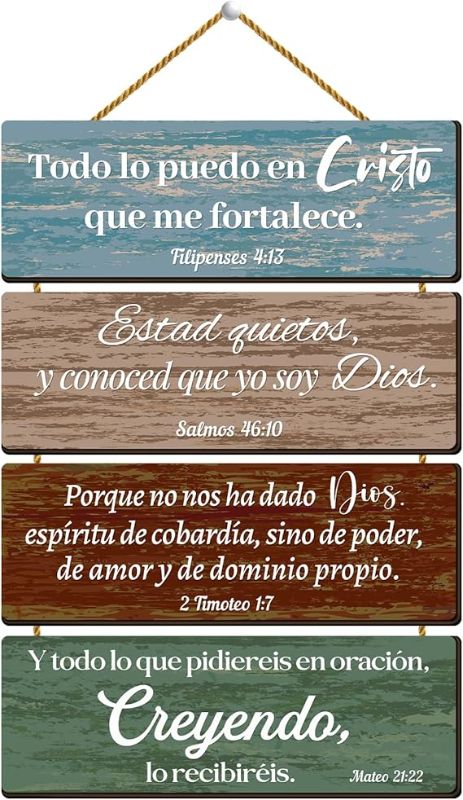 Photo 1 of Thrist Spanish Bible Verses Wall Decor 4PCS Religious Bible Verse Wall Art for Bedroom Bathroom Living Room Wood Hanging Plaque Christian Bible Quotes Decor for Home Kitchen Office
