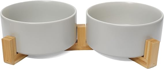 Photo 1 of Dog Water Bowl, 13.5 oz Ceramic Dog Food Bowl Set, with Wood Stand, for Puppy & Cat, No Spill Feeding Station with Weighted Base, Grey
