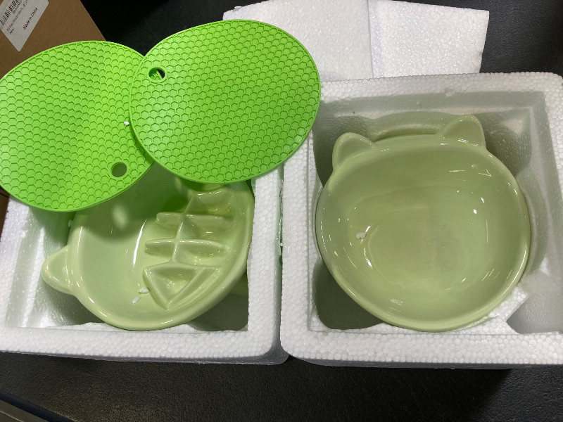 Photo 1 of Elevated Slow Feeder Cat Bowls, Anti-Vomiting Tilted Ceramic Bowl with Non-Slip Cat Food Mat, Whisker Friendly Food Dish Bowls are Custom-Designed for Senior Cats and Toy Dog (Green)
