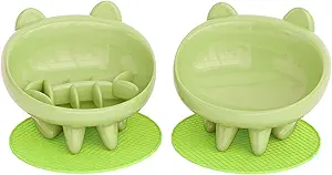 Photo 1 of Elevated Slow Feeder Cat Bowls, Anti-Vomiting Tilted Ceramic Bowl with Non-Slip Cat Food Mat, Whisker Friendly Food Dish Bowls are Custom-Designed for Senior Cats and Toy Dog (Green)

