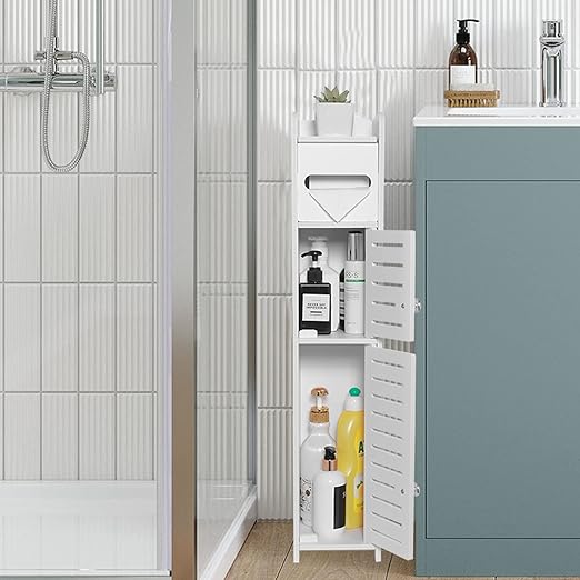 Photo 1 of TuoxinEM Storage Cabinet for Small Spaces, Over The Toilet Cabinet for Skinny Bathroom Storage Corner Floor, Slim Paper Holder with 2 Doors & Shelves (White)
