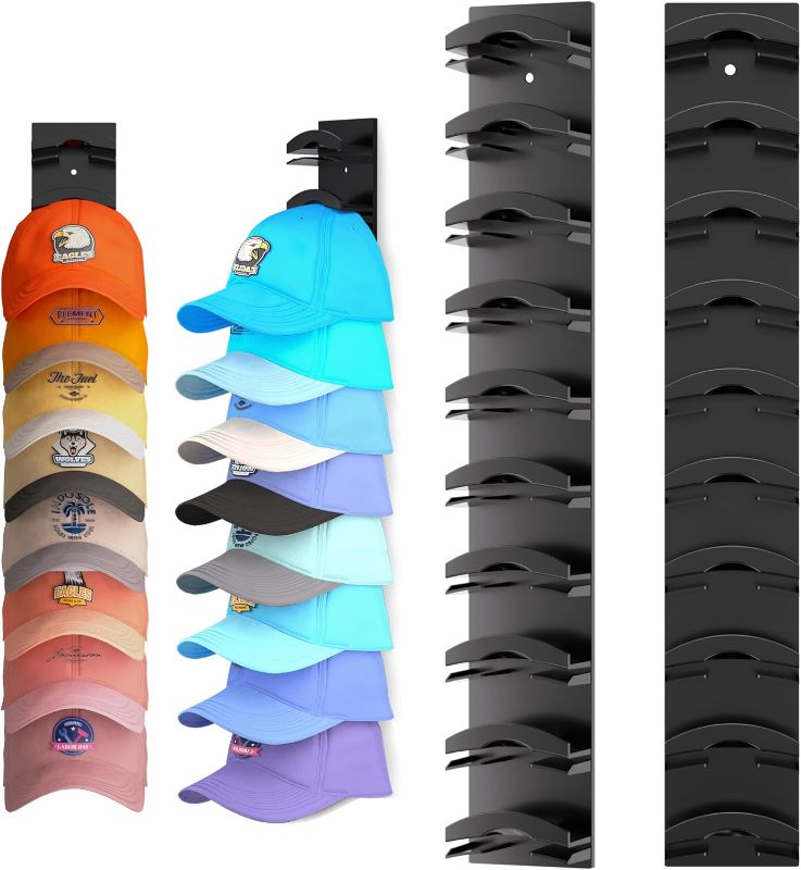 Photo 1 of Hat Organizer for Baseball Caps 2Pack, Hat Rack for Wall with Strong Adhesive Hold up to 20 Hats, Hat Hanger Holder Display for Door Closet, Cap Organizer Storage Multilayer Two Mounting Option (Black)
