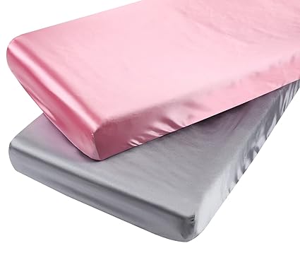 Photo 1 of Satin Pack n Play Sheet Set 2 Pack Ultra Soft Silk Fitted Mini Crib Sheets Playard Sheet Protect for Baby Hair and Skin, Grey & Pink
