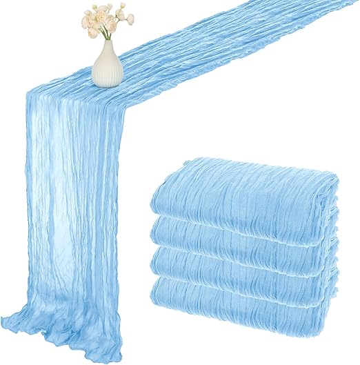 Photo 1 of 4 Pack Blue Cheesecloth Table Runner, 10ft Boho Gauze Tables Runners Cheese Cloth Vintage Rustic Sheer Runners Romantic Table Runner for Wedding Baby Shower Birthday Party Summer Garden
