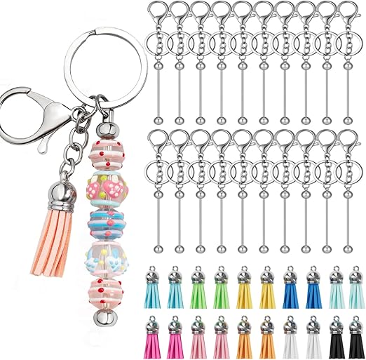 Photo 1 of 40 Pcs Beadable Keychains Bars - DIY Blank Beaded Keychain with Strips and Colorful Leather Tassel Loose for DIY Keychain Pendant Jewelry Crafts (Silver)
