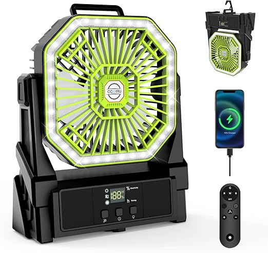 Photo 1 of Portable Battery Powered Fan Battery Operated Fans Outdoor Camping Fan 20000mAh, Rechargeable, 4 Speed, with Remote, with 4 Lights, 4 Timer, for Picnic, Home, Fishing, Barbecue
