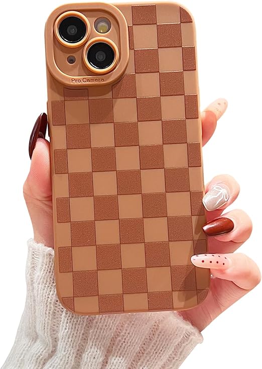Photo 1 of Compatible with iPhone 13 Case Cute Checkered Pattern Design for Girls Women, Soft Silicone Shockproof Protective Designed for iPhone 13 Case-Brown
