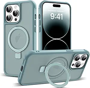 Photo 1 of Compatible with iPhone 14 Pro Case with Invisible Magnetic O-Ring Stand Military-Grade Translucent Case for iPhone 14 Pro 6.1" [Compatible with Mag-Safe][Great Grip Feeling], Blue
