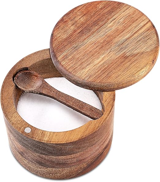 Photo 1 of Acacia Wood Salt and Pepper Bowl, Nature Wood Salt Cellar and Spices Storage Box With Built-in Spoon and Magnetic Swivel Lid (Single Compartment)
