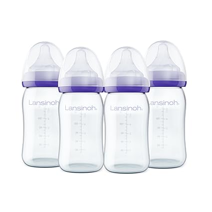 Photo 1 of Lansinoh Anti-Colic Glass Baby Bottles, 5 Ounces, 4 Count Bottles for Feeding, Baby Essentials, Includes 4 Slow Flow Nipples, Size S
