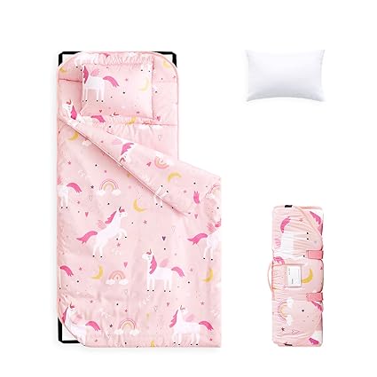 Photo 1 of Wake In Cloud - Cot Nap Mat with Pillow and Blanket, for Toddler Kids Boys Girls in Daycare Kindergarten Preschool Pre K with Elastic Corner Straps, Cute Colorful Unicorns, Pink
