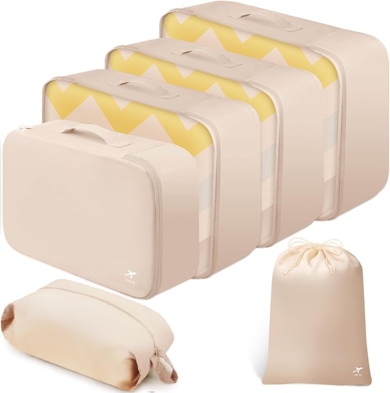 Photo 1 of HOTOR Packing Cubes for Suitcases - 6 Pieces, Light Packing Cubes for Travel, Premium Suitcase Organizer Bags Set, Space-Saving Luggage Organizers, Travel Accessories and Essentials, Beige

