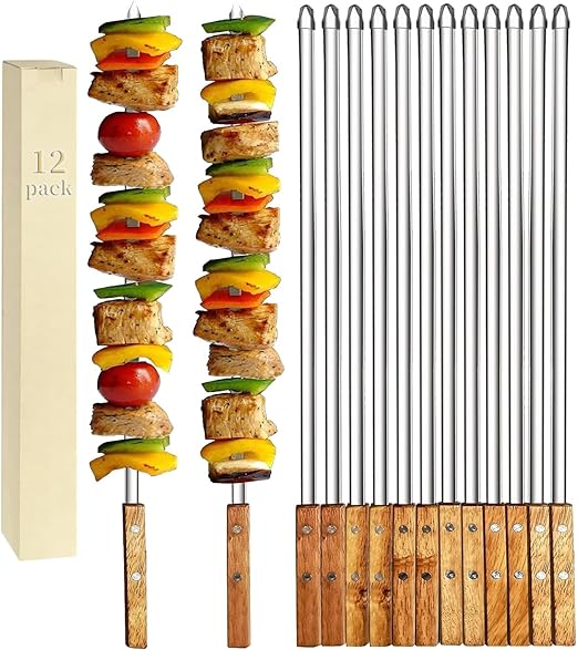 Photo 1 of 12 Pack Kebab Skewers 22 Inch Stainless Steel Grilling BBQ Skewer Reusable Barbecue Skewers Flat Stick with Wood Handle,Ideal for Koubideh Brazilian Chicken Shrimp Turkish Shish Kabob
